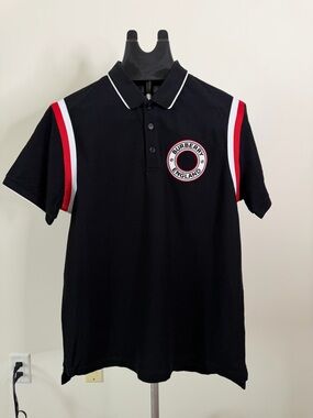 Burberry Black Polo with Red & White Sleeve Stripes and Logo Patch